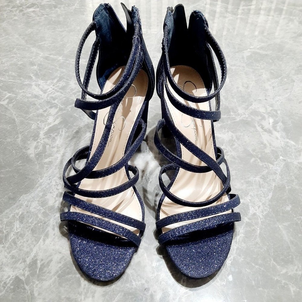 Jessica Simpson Blue Sparkle Stassey Strappy Block Heel Shoes Prom Bridal SZ 6.5